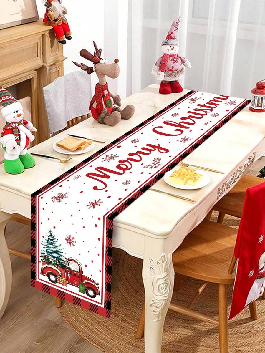 Khăn trải bàn chủ đề Giáng sinh, hình ảnh xe tải nhỏ màu đỏ của ông già Noel, thích hợp cho trang trí trung tâm bàn tiệc họp mặt gia đình vào dịp Giáng sinh - phong cách F - Xem 1