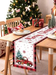 Khăn trải bàn chủ đề Giáng sinh, hình ảnh xe tải nhỏ màu đỏ của ông già Noel, thích hợp cho trang trí trung tâm bàn tiệc họp mặt gia đình vào dịp Giáng sinh - phong cách F - Xem 2