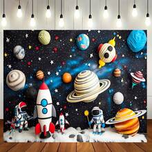 Phông nền tiệc theo chủ đề không gian bằng polyester - Thiết kế tên lửa và hành tinh hoạt hình, Biểu ngữ chụp ảnh đa năng cho sinh nhật và lễ kỷ niệm chung, Thích hợp cho mùa xuân và mùa hè, Không cần điện - 1 cái - Xem 7