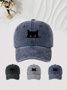 1pc Black Cat Print Washed Baseball Cap, Unisex Outdoor Casual Sun Visor Hat