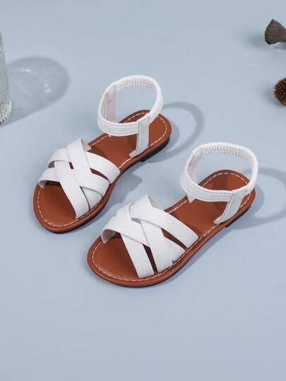 A Pair Of Girls' Round Toe Flat Sandals Elastic Band Design Soft-Soled Casual Beach Shoes Gladiator Sandals