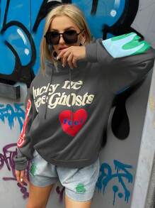 1. 经典纯色街头风女式连帽衫，长袖，印有“爱”字图案，适合春秋季穿着