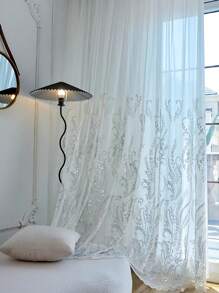 1pc Luxury French Style Embroidered Voile Curtain, Glittering Beaded Applique Elegant Sheer Window Drape, Lightweight And Breathable For Bedroom, Living Room, Dining Room, Chic Home Decor