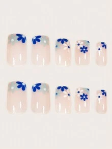 24 móng tay giả kiểu Pháp thanh lịch họa tiết hoa xanh và trắng, lớp phủ bóng, thời trang và đa năng dành cho cả nam và nữ, bao gồm sơn gel và giũa móng, sơn gel ngẫu nhiên được gửi - Xanh và trắng - Xem 3