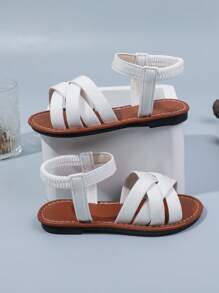 A Pair Of Girls' Round Toe Flat Sandals Elastic Band Design Soft-Soled Casual Beach Shoes Gladiator Sandals - White - View 5