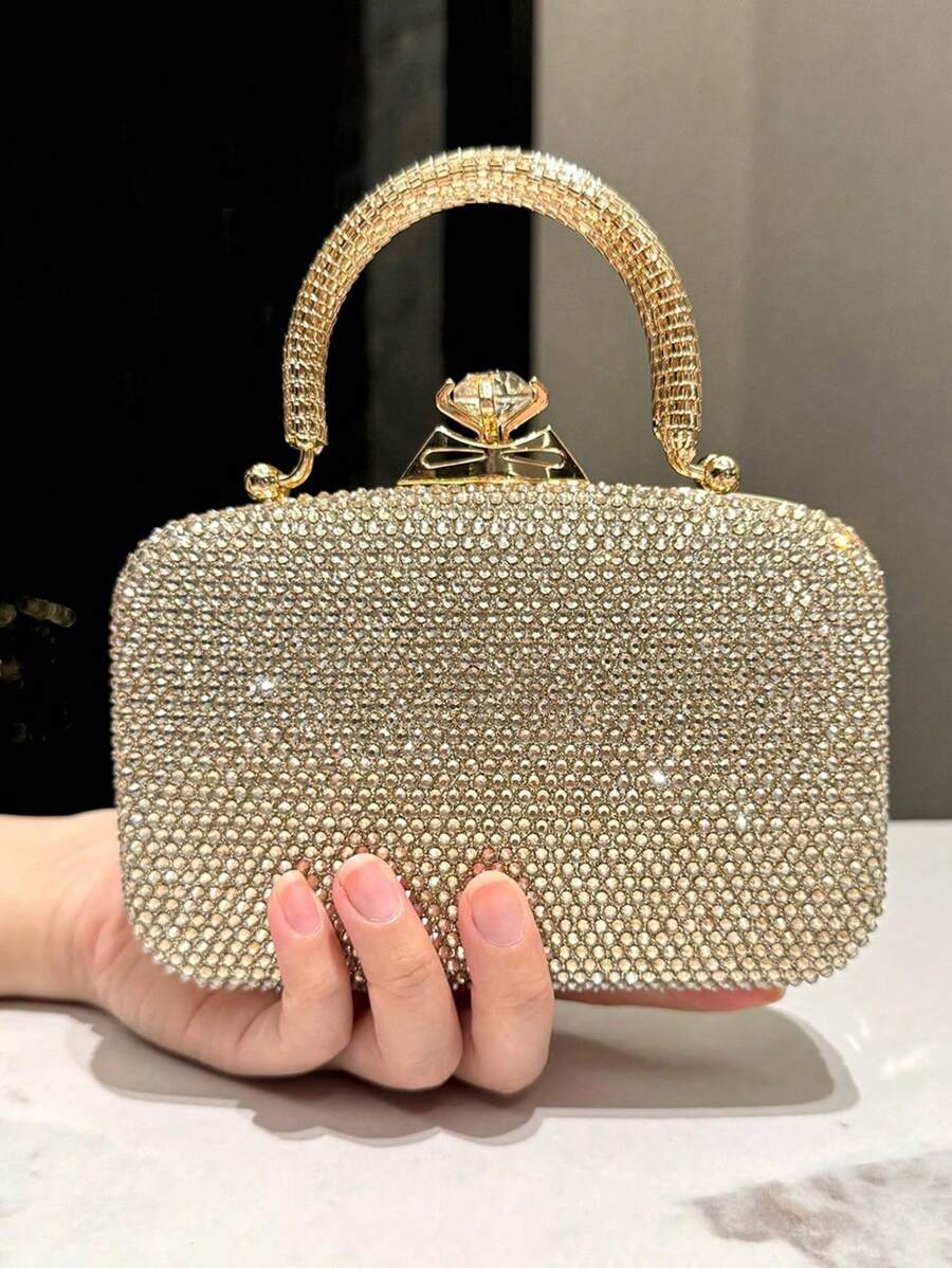 1pc Gold Glitter Luxury Rhinestone Decor Women's Evening Handbag, Metal Chain Strap Fashion Elegant Mini Clutch Purse, Suitable For Formal Gala, Wedding, Party