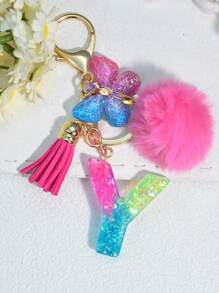 1 pièce Porte-clés en résine à lettres bicolores, pendentif de sac mode avec pompon à gland papillon, cadeau pour amis et école