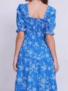 Luxury Long Dress In Tricoline Cotton With Short Sleeves - 寶藍色 - 查看 5