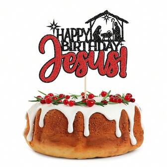1pc Happy Birthday Jesus Cake Topper Red Glitter Jesus Birthday Cake Decorations Jesus Is Reason For The Season For Nativity Scene Christmas Birthday Party Decorations