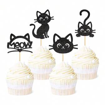 12pcs Cat Cupcake Toppers Black Glitter Cat Meow Cupcake Picks Kitten Cat Cake Toppers Kitten Pet Cat Cupcake Toppers For Cat Theme Birthday Party Cake Supplies