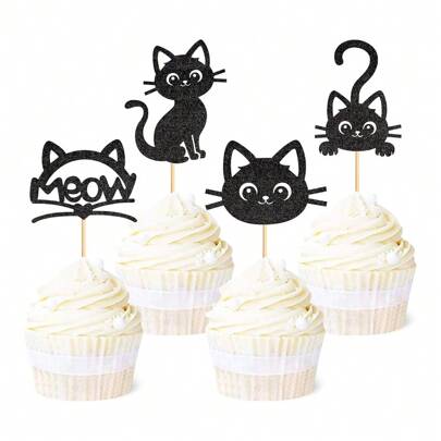12 pièces Décorations pour Cupcakes Chats Paillettes Noires "Meow" Pics pour Cupcakes Chatons Décorations Gâteaux Chatons Chat Décorations pour Cupcakes pour Fête d'Anniversaire Thème Chat Fournitures Gâteau