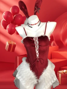 Conjunto de 4 piezas de lencería sexy de conejita para Navidad: body, sudadera, diadema de conejita, bufanda de encaje, uniforme de terciopelo con plumas halter, lencería desmontable con bola de pelo (talla única) - Ver 1