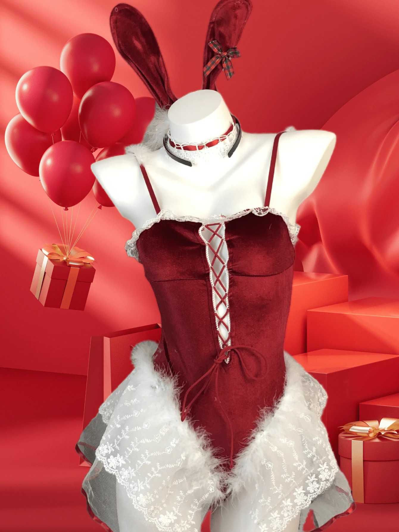 Conjunto de 4 piezas de lencería sexy de conejita para Navidad: body, sudadera, diadema de conejita, bufanda de encaje, uniforme de terciopelo con plumas halter, lencería desmontable con bola de pelo (talla única) - Ver 1