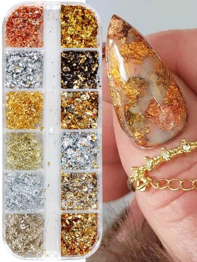 12 Grids Gold Silver Foils Gorgeous Nail Glitter Aluminum Sequins Flakes Holographic Powder Nail Art Holo Dust Shinny DIY Foil Paper