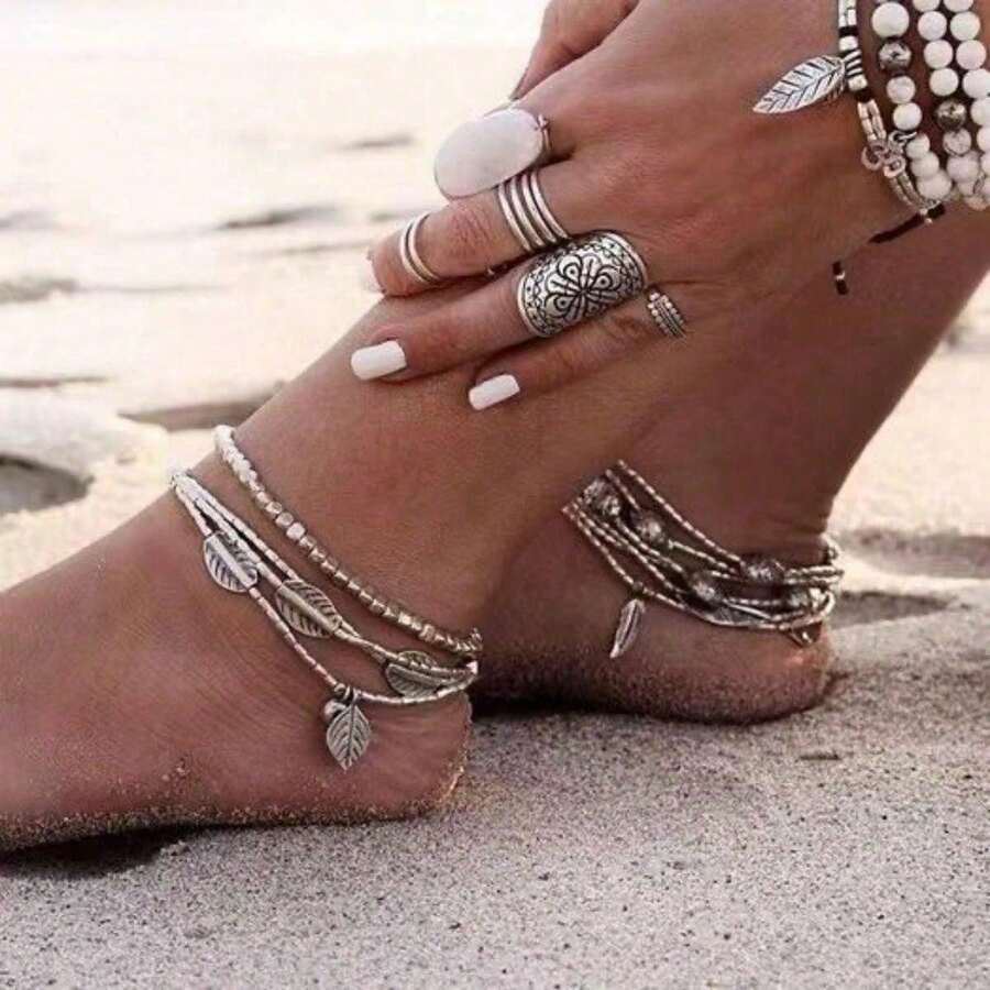 1 件波西米亚多层银叶和鱼串珠手链和脚链，情侣配饰适合日常、海滩、圣诞节、新年、情人节节日礼物 - 復古銀色 - 查看 1