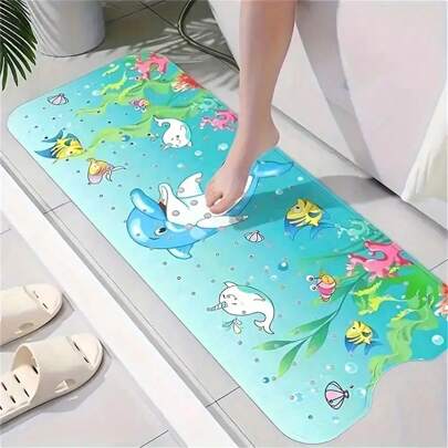 1pc Underwater World Cartoon Bathroom Mat - Anti-Slip, Waterproof PVC Bath Mat With Dolphin & Fish Design, 10g/㎡, Thickness 0.79 Inch, Size 39.37x15.75 Inch, Prevents Slipping In Shower And Tub Bathroom Decor Fall Decor Bathroom Accessories Back To School