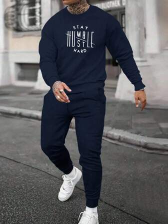 2 piezas Conjunto casual de sudadera con cuello redondo y estampado de letras y gráficos, y pantalón de chándal con cordón en la cintura, ropa de otoño de nueva llegada para hombres