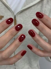 24 chiếc móng tay giả ngắn màu đỏ rượu vang sáng bóng và đỏ thẫm, thanh lịch, móng tay giả ngắn tròn - Màu Đỏ Sâu - Xem 1