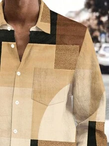 Plus Size Men Vintage Geometric 3D Digital Printing Button Pocket Long Sleeve Shirt - Khaki - View 5