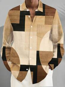 Plus Size Men Vintage Geometric 3D Digital Printing Button Pocket Long Sleeve Shirt - Khaki - View 2