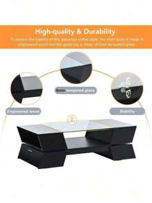 6Mm Glass-Top Coffee Table,Modernist 2-Tier Center Table For Living Room, With Open Shelves And Cabinets,With Ample Storage SpaceGeometric Style,Good Waterproof Performance,Black.,Victory Store