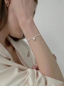 1 Stück zierliches 925 Sterling Silber Armband mit Wasser Wellen & Herz Design, zart und stylisch für den täglichen Gebrauch von Frauen, Valentinstag