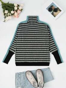 [定制] 几何图案拼色高领套头衫休闲长袖宽松女士毛衣 - 彩色 - 查看 4