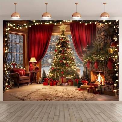 1pc Christmas Tree & Fireplace Scenery Background, Suitable For Holiday Photo & Decoration, Universal Polyester Banner, Multipurpose, Applicable For All Occasions, No Power Source Required