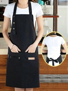 1pc Waterproof And Oil-Resistant Kitchen Apron With Pockets, Polyester Anti-Fouling Apron For Household, Restaurant, Crafts, Garden, BBQ, School, Cafe, Unisex (Black)