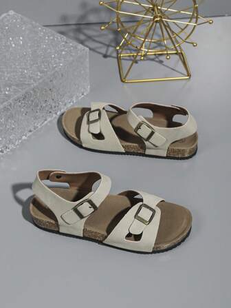 儿童平底软木带沙滩拖鞋，时尚户外休闲凉鞋，韩版时尚风格