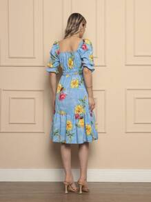Women's Midi Dress | Crepe With Elastec L Flower L Shoulder To Shoulder. - 水鴨藍 - 查看 3