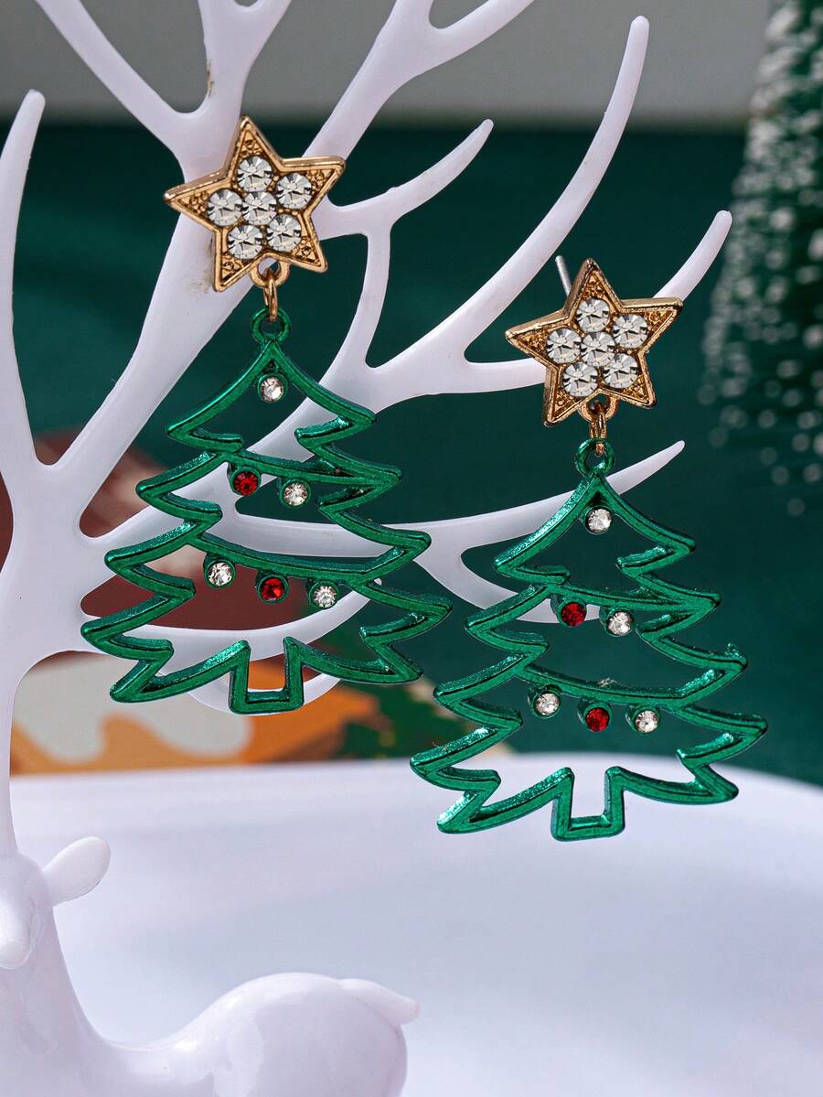 圣诞节 绿色圣诞树耳环 - 軍綠色 - 查看 1