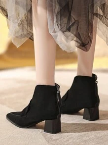 Women's Fashion Boots With V-Cut Design, High Heels, Chunky Heels, Pointed Toe, Suede Fabric, Ankle Boots For Autumn/Winter - Black - View 5