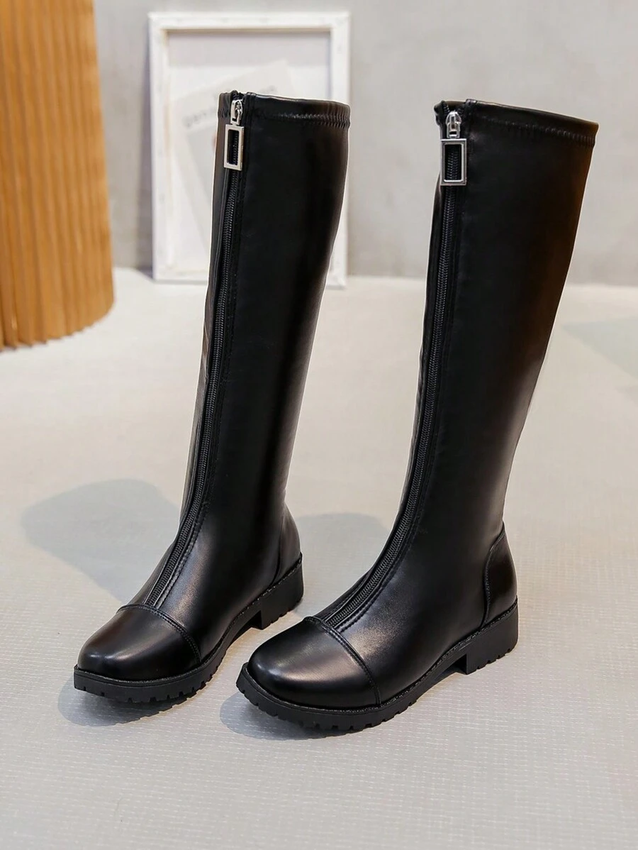 Fall/Winter Plus Size Over-The-Knee Boots Women, New European And American Design, Chunky Heel Round Toe Elastic Thermal Lined High Boots - Black - View 1