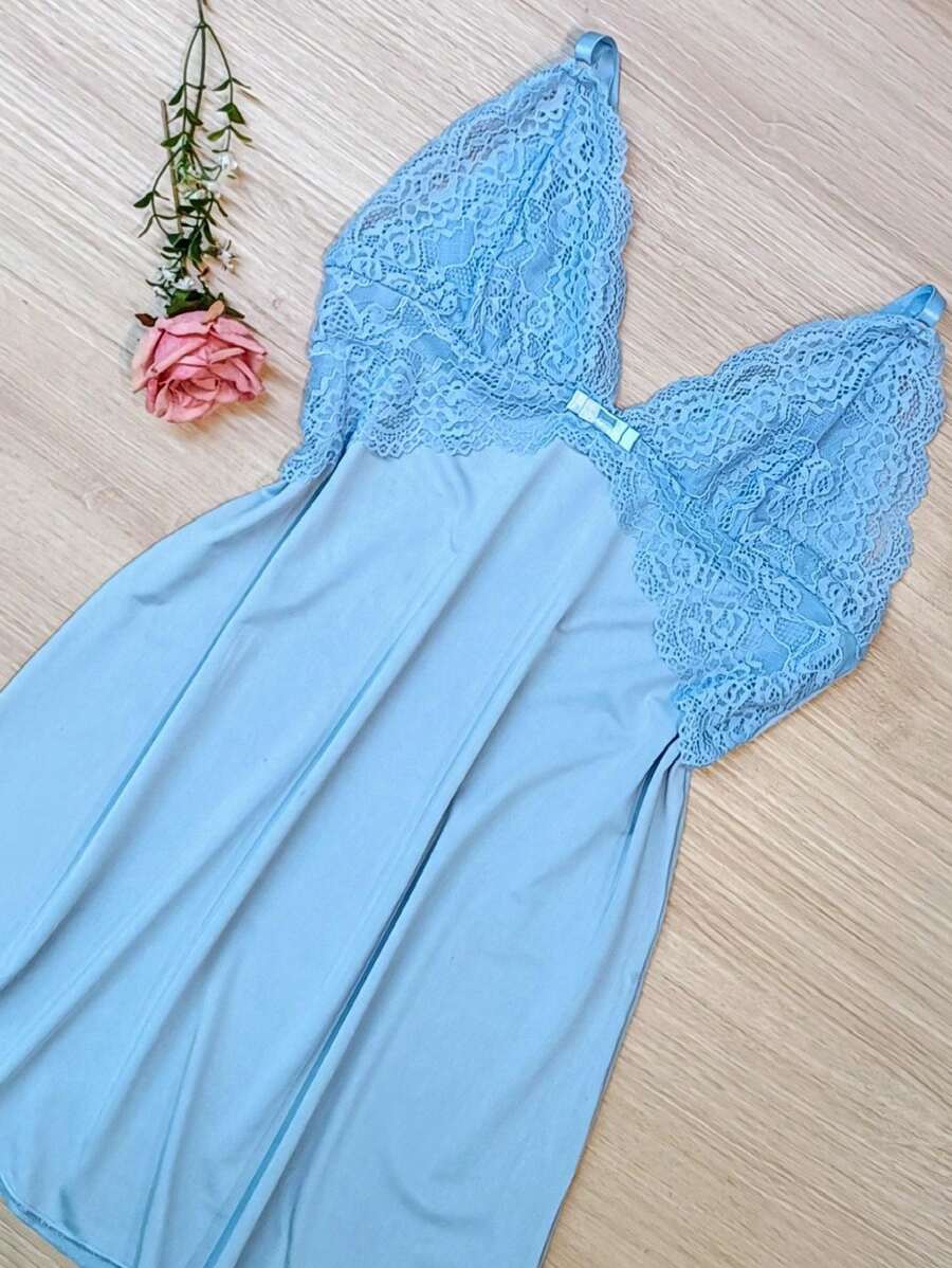 Microfiber Lace Comfort Nightgown Without Padded Lined Pajamas - 609 - Blue - View 1