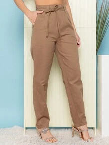 Women's Casual Pants With Pocket And Belt - 卡其色 - 查看 3