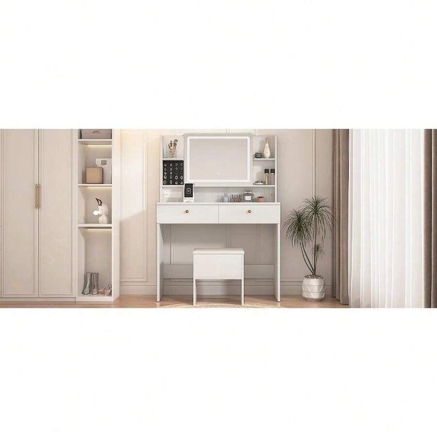 Vanity Desk With Mirror And Lights Dressers 2 Drawers Storage Bench