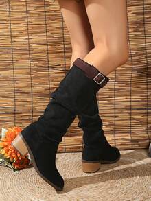 Giày bốt cao cổ phong cách phương Tây cổ điển bằng da lộn mùa đông cho nữ, giày bốt mũi nhọn đế dày, giày bốt cổ dài cho mùa thu/xuân, giày bốt cưỡi ngựa màu đen có thể gập lại với khóa thắt lưng, giày bốt Chelsea đa năng - màu đen - Xem 6