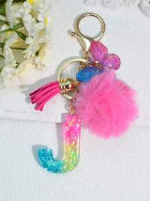 1 pièce Porte-clés en résine à lettres bicolores, pendentif de sac mode avec pompon à gland papillon, cadeau pour amis et école