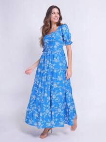 Luxury Long Dress In Tricoline Cotton With Short Sleeves - 寶藍色 - 查看 1