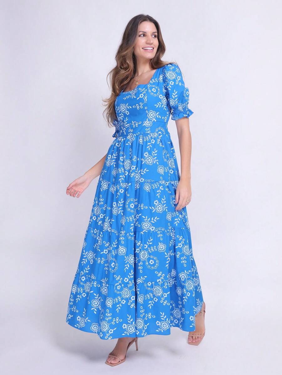 Luxury Long Dress In Tricoline Cotton With Short Sleeves - 寶藍色 - 查看 1