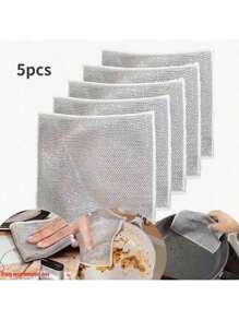 5pz Paño De Limpieza 12 cm, Malla De Alambre Plateada Antirrayas Para Húmedo Y Seco, Trapos Reutilizables Para Lavar Platos, Toallas De Cocina, Lavado De Platos, Fregaderos, Encimeras, Superficies De Cocinas, Herramientas De Limpieza.