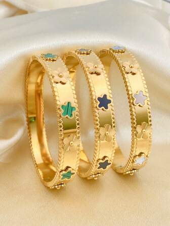 1 件不锈钢彩色花朵五角星设计女士宽袖口手链，金色，闺蜜礼物情人节、妈妈、母亲、母亲节、礼物