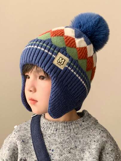 Gorro de invierno de punto con forma de diamante para niños, gorros de orejeras forrados térmicamente para niños y niñas, adecuado para actividades al aire libre, edad 3-8 años