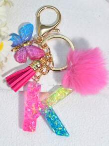 1 pièce Porte-clés en résine à lettres bicolores, pendentif de sac mode avec pompon à gland papillon, cadeau pour amis et école