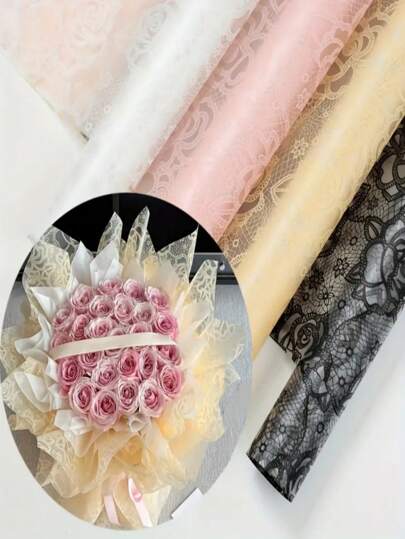 10 peças de papel de embrulho para buquê de rosas com renda, papel de embrulho floral semitransparente, adequado para decoração de buquê de rosas para festa de dia dos namorados, casamento, aniversário e festivais