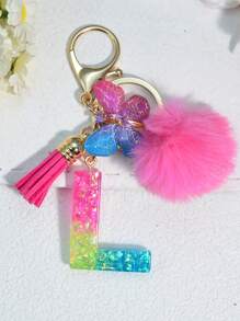 1 pièce Porte-clés en résine à lettres bicolores, pendentif de sac mode avec pompon à gland papillon, cadeau pour amis et école