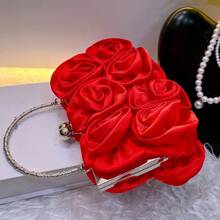 Torebka satynowa z kwiatem róży, elegancka torebka damska Niche Bridal, torebka na ramię dla druhny, torby imprezowe Tready, idealne na imprezę, wesele, bal, kolację/bankiet - Czerwony - Zobacz 5