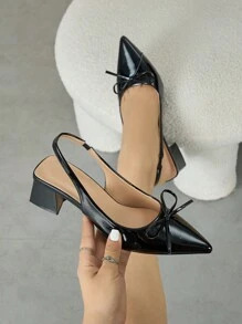 Giày cao gót mũi nhọn, bít mũi, quai hậu dành cho nữ, trang trí nơ, gót chunky thoải mái, thích hợp cho các dịp trang trọng hàng ngày, tiệc tùng, đám cưới, sự kiện trang trọng, phù hợp cho mùa thu/đông, màu đen. - màu đen - Xem 3