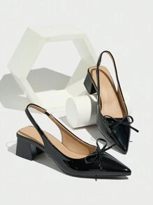 Giày cao gót mũi nhọn, bít mũi, quai hậu dành cho nữ, trang trí nơ, gót chunky thoải mái, thích hợp cho các dịp trang trọng hàng ngày, tiệc tùng, đám cưới, sự kiện trang trọng, phù hợp cho mùa thu/đông, màu đen. - màu đen - Xem 4